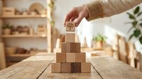 Hand placing wooden cube on pyramid stack for business growth strategy and teamwork concept in modern office workspace.