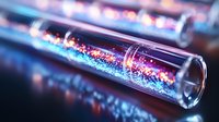 Glowing colorful particles floating in glass test tube with blue and pink luminescent effect against dark background, scientific laboratory research concept.