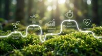 Green moss background with white wellness icons showing personal growth, well-being, financial stability, time management and health concepts for lifestyle.