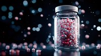 Glass jar filled with red and white pills or capsules against dark background with dreamy bokeh lights, pharmaceutical concept for medicine and healthcare.