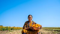 Young South Asian male farmer holding freshly harvested vegetables in agricultural field under clear blue sky, suitable for farming, agriculture, and food production content.
