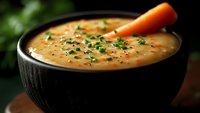 Creamy carrot soup garnished with fresh chopped herbs served in black ceramic bowl. Close up view with selective focus creates appetizing presentation.
