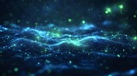 Magical glowing particles flow across dark background with blue and green bokeh lights creating ethereal wave pattern. Abstract digital art for modern design.