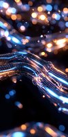 Digital wireframe hand reaching against blurred bokeh lights background, representing artificial intelligence and futuristic technology concept.
