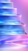 Glowing neon stairs with smooth gradient from blue to pink colors create modern minimalist composition with soft light effects and reflective surfaces.