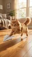 Ginger tabby cat playing with paper airplane on wooden floor in sunlit living room with furniture and potted plant.