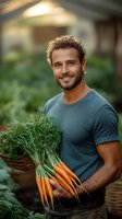 Caucasian male farmer with stubble beard holding fresh organic carrots with green tops in garden setting, wearing casual teal t-shirt, natural lighting and bokeh background.