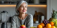Elegant mature woman with silver hair smiling in modern kitchen with fresh fruits and blender, representing healthy lifestyle and wellness at home.
