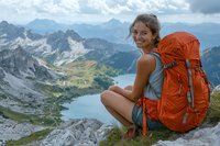 Young Caucasian female hiker with orange backpack sitting on mountain peak, smiling at camera with turquoise alpine lake and dramatic mountain range landscape in background.