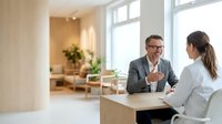 Middle-aged man with glasses wearing gray blazer and white shirt speaking with young woman in white blouse during professional meeting at wooden desk in modern office with natural light and plants.