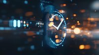 Digital clock interface with glowing blue holographic display against dark background with bokeh lights, representing time management and technology advancement.