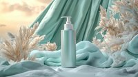 Cosmetic bottle mockup on mint green silk fabric with pampas grass decoration against sunset sky background, luxury skincare product presentation.