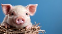 Young pink piglet with curious expression peering over edge of straw nest against blue background, close-up portrait showing detailed features and bright eyes.
