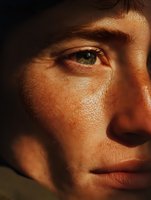 Close-up portrait of young Caucasian man with green eyes in warm golden light against dark background, showing facial texture and emotion.