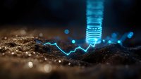 Glowing blue energy probe emitting electrical current into soil surface, representing underground resource extraction, geothermal energy, or subsurface technology applications.