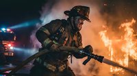 Firefighter in protective gear battles intense flames with water hose during emergency response operation at night scene with dramatic lighting and smoke.