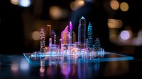Futuristic glowing cityscape with neon skyscrapers and reflections emerging from digital screen surface against dark background with bokeh lights.