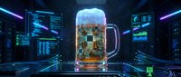 Futuristic beer mug with computer circuit board inside glowing amber liquid in high-tech digital environment with holographic displays and neon lighting effects.