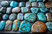 Polished turquoise and mixed gemstones collection showing natural patterns and textures in blue, brown and gray tones arranged on dark surface for jewelry making.