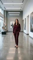 Professional businesswoman in burgundy suit standing confidently in modern office gallery with contemporary art and polished concrete floors.