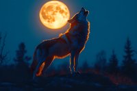 Wolf howling at full moon in wilderness forest silhouette against orange lunar glow creating dramatic nocturnal wildlife scene for nature photography.