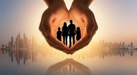 Family protection concept with silhouettes of parents and children inside heart-shaped hands against city skyline at sunset for insurance and care themes.