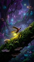Glowing firefly in enchanted forest with magical purple and blue lighting, moss-covered trees, fantasy woodland scene for digital art and storytelling projects.