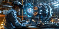 Industrial engineer using augmented reality headset and laptop for machinery maintenance, analyzing holographic interface with digital twin technology in modern factory setting.