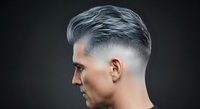 Stylish male with gray hair and modern undercut hairstyle against dark background. Suitable for barbershop, grooming, and men's fashion marketing.