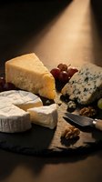 Gourmet cheese platter with aged cheddar, blue cheese, brie and walnuts on slate board with dramatic lighting for culinary presentations and food photography.