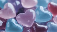 Shiny glass hearts in soft pink and blue colors with delicate reflections and smooth surfaces create romantic mood for Valentine's day cards and love concepts.