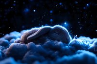 Sleeping bunny on fluffy clouds under starry night sky with glowing blue stars and magical moonlight creating dreamy atmosphere for nursery art and decor.