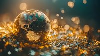 Glass globe showing Earth map on golden glitter background with bokeh lights and reflections creating magical atmosphere for global business concepts.