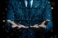 Digital hologram of justice scales floating above open hands against dark background with glowing blue particles and bokeh effect for legal technology concept.