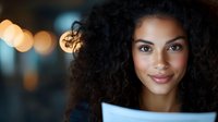 Young African American woman with curly hair smiling while using laptop computer in evening with warm bokeh lights background for technology and lifestyle content.
