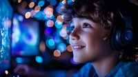 Young boy with curly hair wearing headphones smiling while looking up at colorful bokeh lights in dark gaming or entertainment environment.