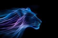 Glowing neon lion head profile with flowing mane in vibrant blue and purple light effects against black background, creating mystical ethereal artwork.