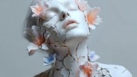 Surreal portrait of a pale female figure with cracked porcelain-like skin adorned with delicate peach and blue flowers emerging from the fissures, artistic conceptual composition.