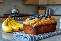 Freshly baked banana bread loaf topped with blueberries on kitchen counter, served on gray cloth napkin with ripe yellow bananas beside, homemade baking concept.