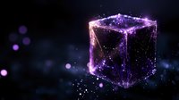Glowing purple cube with magical sparkles and particles floating in dark space, creating mystical atmospheric effect. Suitable for fantasy and sci-fi designs.