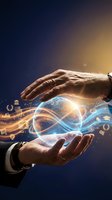 Hands holding glowing atom symbol with digital network icons and light effects, representing science, technology, innovation, and global connectivity for business and education.