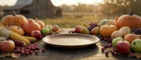 Autumn harvest arrangement with pumpkins, apples, grapes, and corn surrounding empty wooden plate on rustic table, farmland background at golden hour.