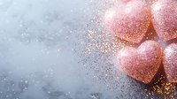 Pink glittery hearts with golden sparkles scattered on gray background, romantic festive composition for Valentine's Day cards and love concepts.