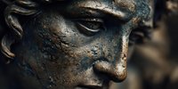Ancient weathered bronze statue face with patina showing serene expression and closed eyes in meditation pose for spiritual and mindfulness concepts.