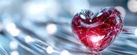 Glowing red glass heart on reflective surface with soft blue bokeh lights in background creates romantic atmosphere for Valentine's Day or love concepts.