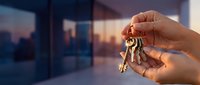 Hand holding house keys with city skyline background at sunset. Real estate, property ownership, new home purchase concept for business presentations.