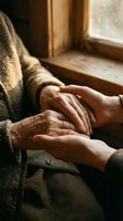 Young hands gently holding wrinkled elderly hands near a window, symbolizing care, support, and intergenerational connection in warm natural light.