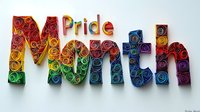 Colorful rainbow text spelling Pride Month with ornate swirling patterns and decorative quilling paper art design on light background.