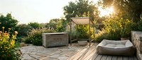 Modern rooftop garden terrace with wooden decking, planters and seating area during golden hour sunset creating peaceful outdoor living space.