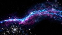 Abstract cosmic energy wave with vibrant purple and blue colors flowing through starry space background for digital art and futuristic designs.